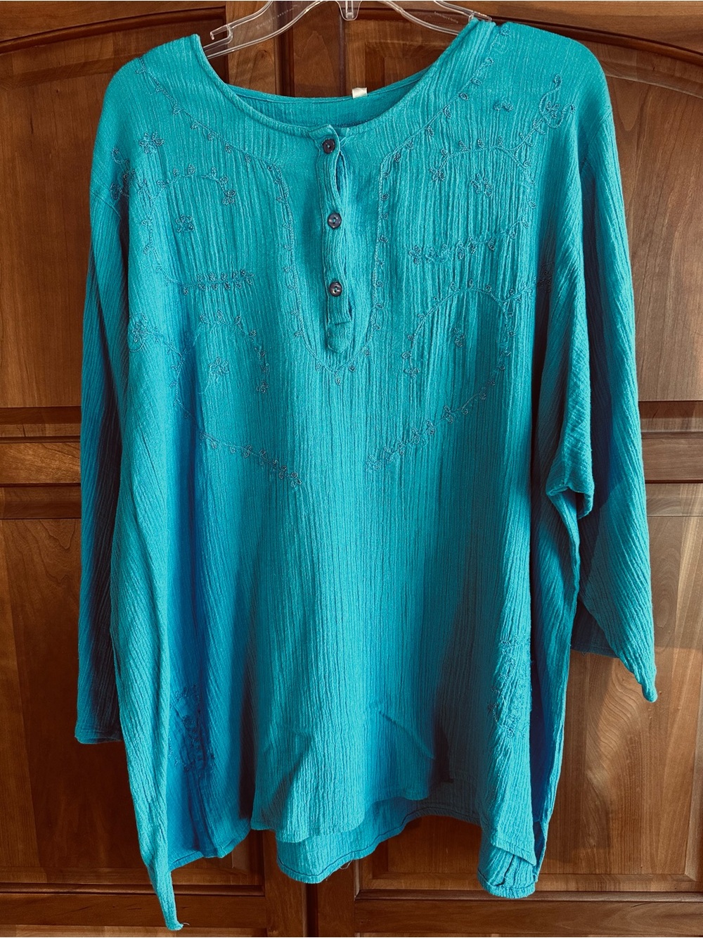 Silhouettes  Teal Blue 3Qtr Sleeves, Textured 100% Cotton 3-Button Henley Tunic